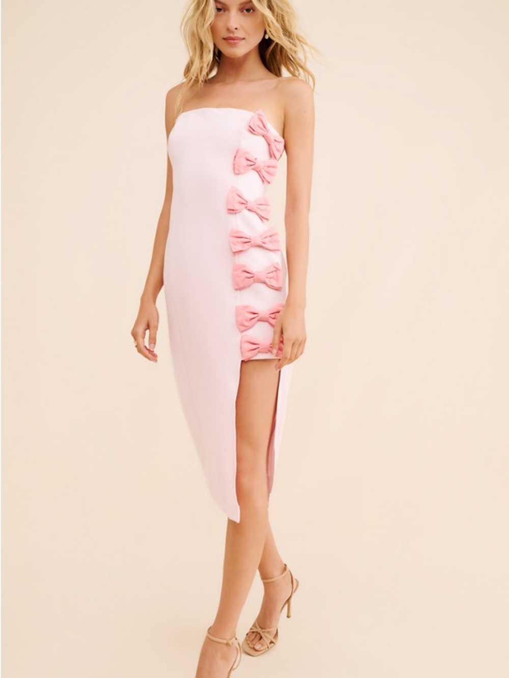 Strapless Pink Bow-Trim Midi Dress